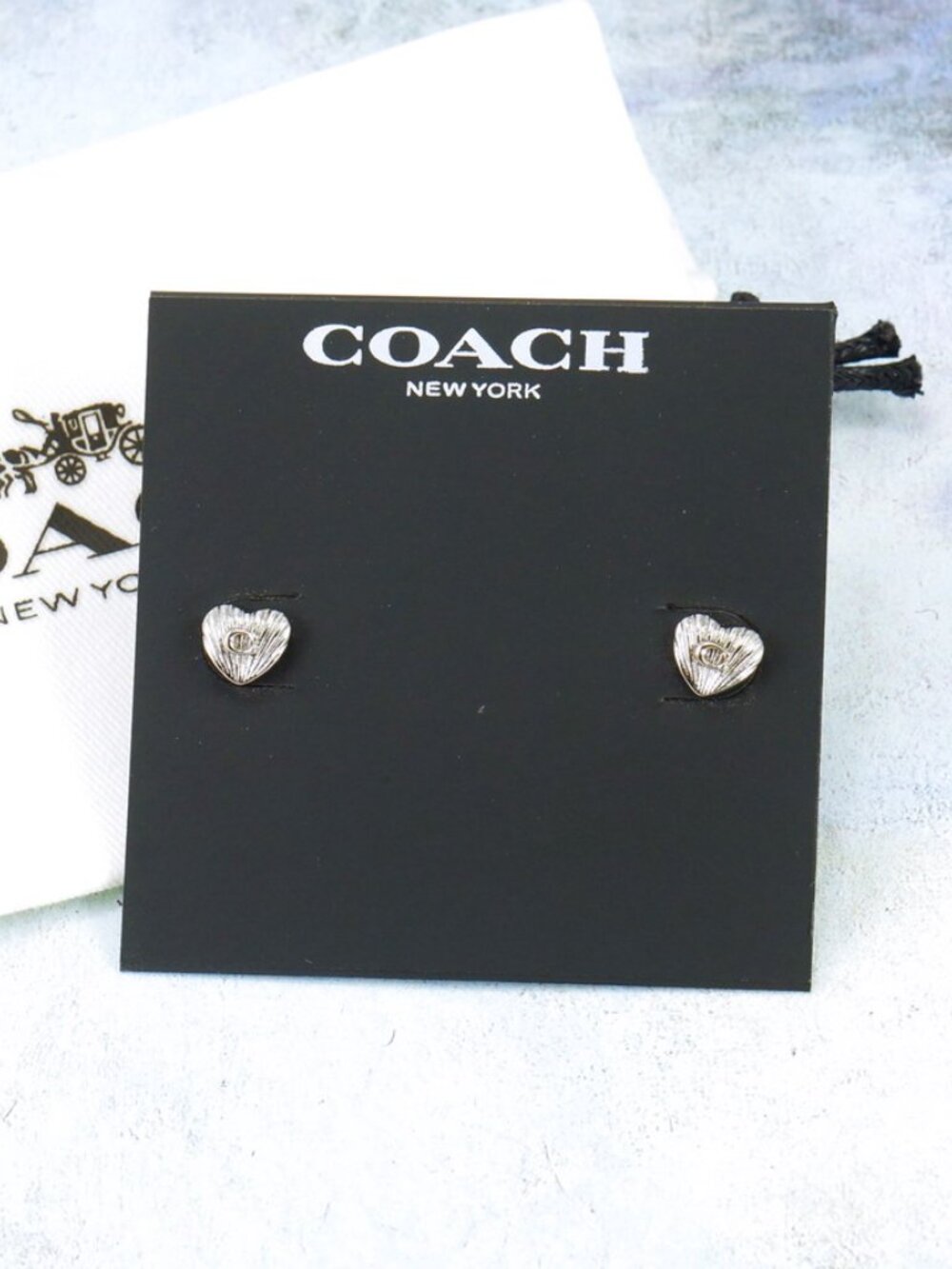 Coach Signature Logo Heart Stud Earrings Silver Tone